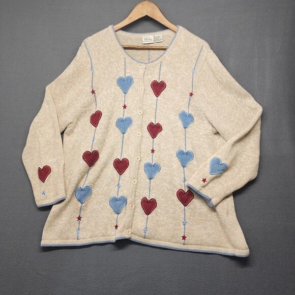 Vintage C.J. Banks Cardigan Sweater Womens 1X Beige Hearts Valentine Teacher Y2K - Picture 1 of 7